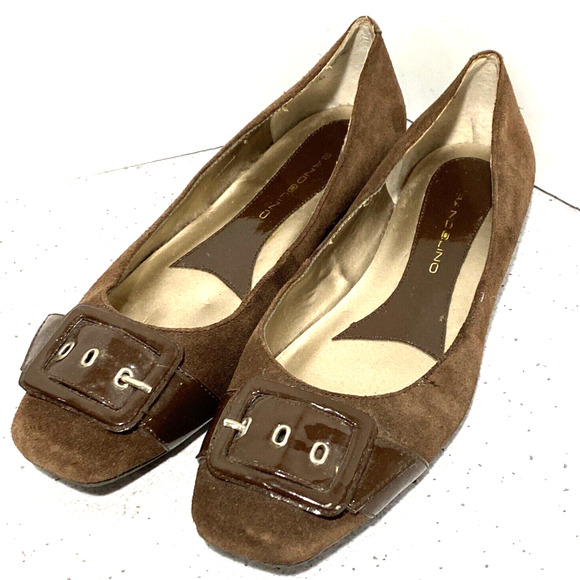 Bandolino brown suede leather flats slip on shoes US 7.5M faux patent buckle - Picture 3 of 11